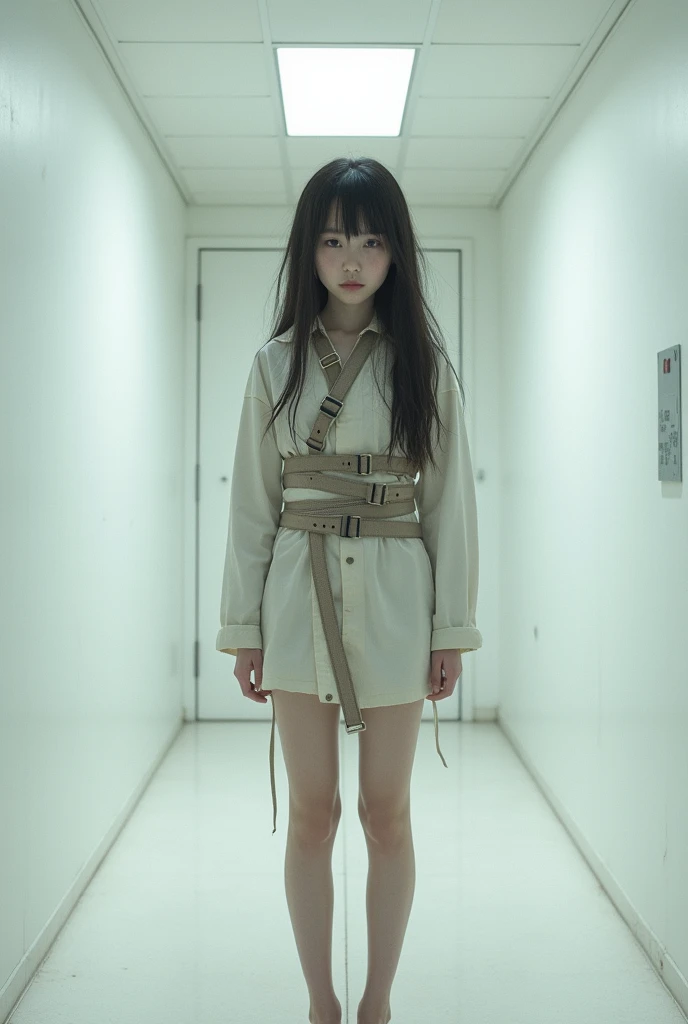 (8k:1.27), best quality, masterpiece, ultra highres:1.2), lesbian delinquent girl with dyed hair and arm tattoos, tattooed girl, full body picture, dirty old white oversized knotted prisoner t-shirt, dirty big t-shirt, short big sleeves, beige prisoner pants tied with a rope, wearing dirty old goth clothes, long pink hair pulled back and big messy bun, kneeling in a prison cell next to a noose, handcuffed, hands tied with rope behind body, submissive neck choker and checkered keffiyeh scarf in neck, 4k or 8k picture, looking at the floor down very sad, very sad face, praying, paisley bandana pirate style headscarf, smelly, barefoot, rope noose hanging from ceiling, tattooed body, noose rope hanging