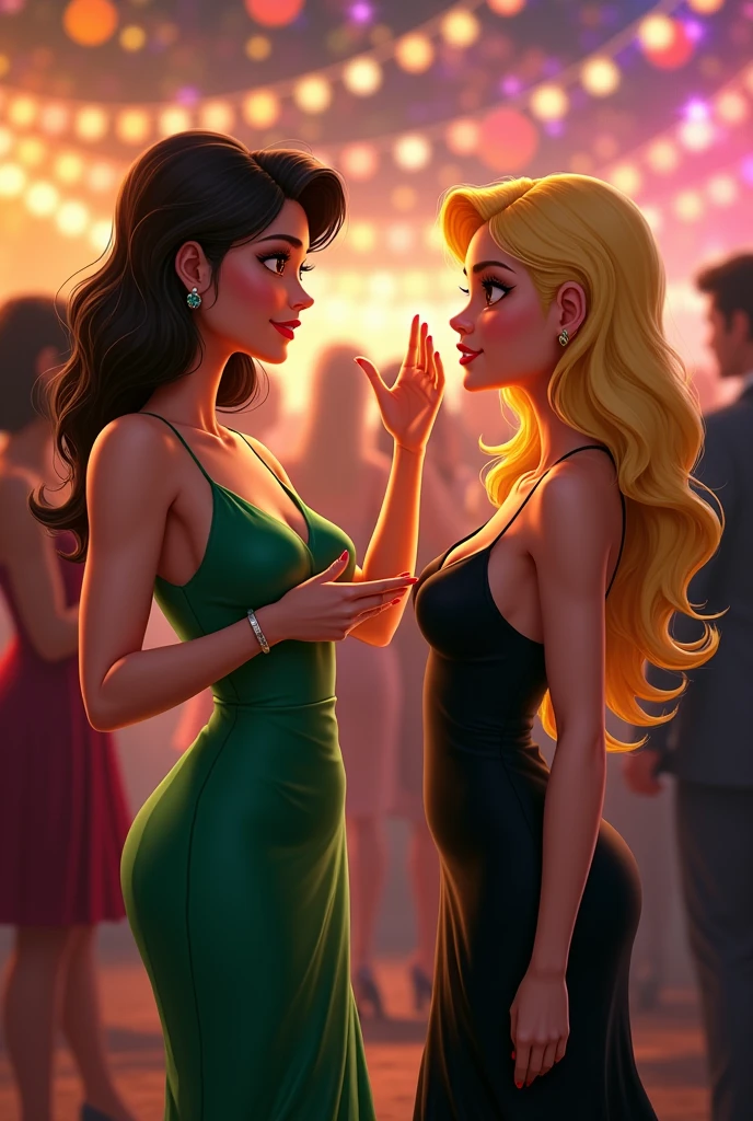 "A young woman with light blonde wavy hair, in an intimate conversation with a friend in a cozy corner of a party. She is leaning slightly forward, with a sweet expression and blue eyes full of interest. She wears a green latex skirt and a tight top., and her delicate makeup highlights her beauty. Soft lighting highlights her curvy figure, creating an atmosphere of complicity and fun while laughing together."