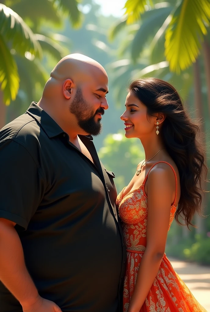 Create a realistic photograph of a smiling and beautiful indian actress in red satin carrying a large stout man on her shoulders in a room, man is sitting on top of her shoulders , man on top, woman standing at bottom , she is wearing black gloves