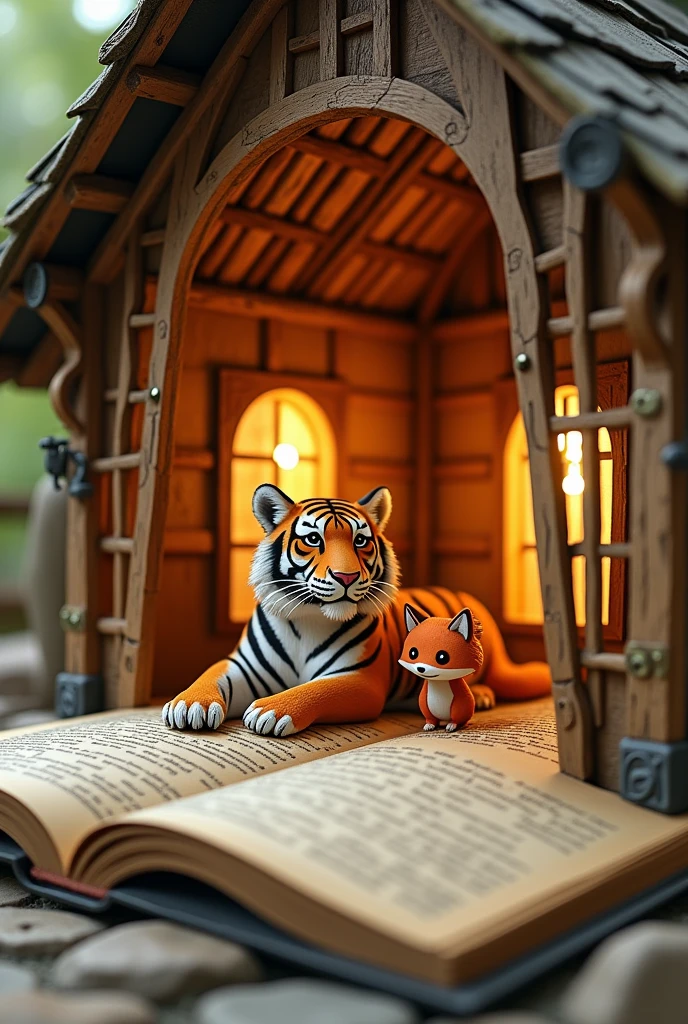 Open pop up book with 3D images of a stick room where a tiger and a fox with a stone floor are resting
