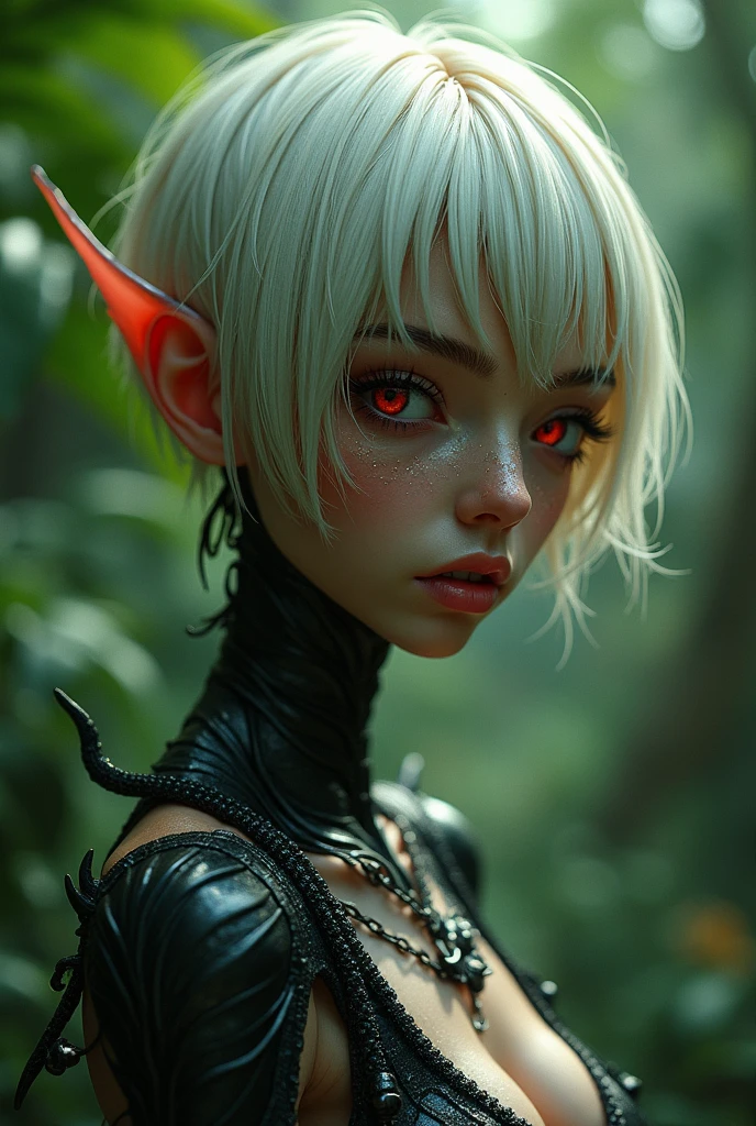 A close-up portrait of a beautiful female gnome character with sabrina, lavender hair, short hair and blunt bangs. She has a serious, determined expression with highly detailed and expressive eyes, delicate features, sensual lips, and flawless complexion. The character is wearing a fantasy black leather armor with long claws and long nails, appearing as a rogue or fighter. The scene is set in a fantasy environment, possibly inside stone chambers with beautifully adorned columns, creating an ethereal, dreamy and romantic atmosphere. The lighting is warm and glowing, with a soft focus and gentle breeze, giving the image a filmic, summer vibes aesthetic. The character's feminine posture and graceful movements are seamlessly integrated with the detailed background, resulting in a visually stunning and professional-quality artwork.