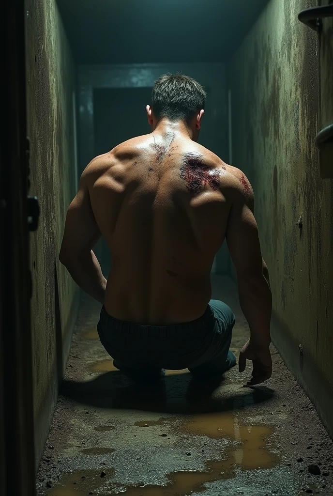 The man turned his back to him,Naked back,There are words on the back that are bleeding,The background is a big city,night