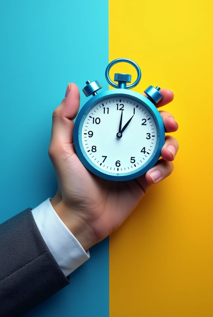 countdown clock, com ênfase In focus e organização. Place a person with a stopwatch in their hand , showing that it is "In focus" For the technique. Colors like blue and yellow to create a sense of urgency and productivity.