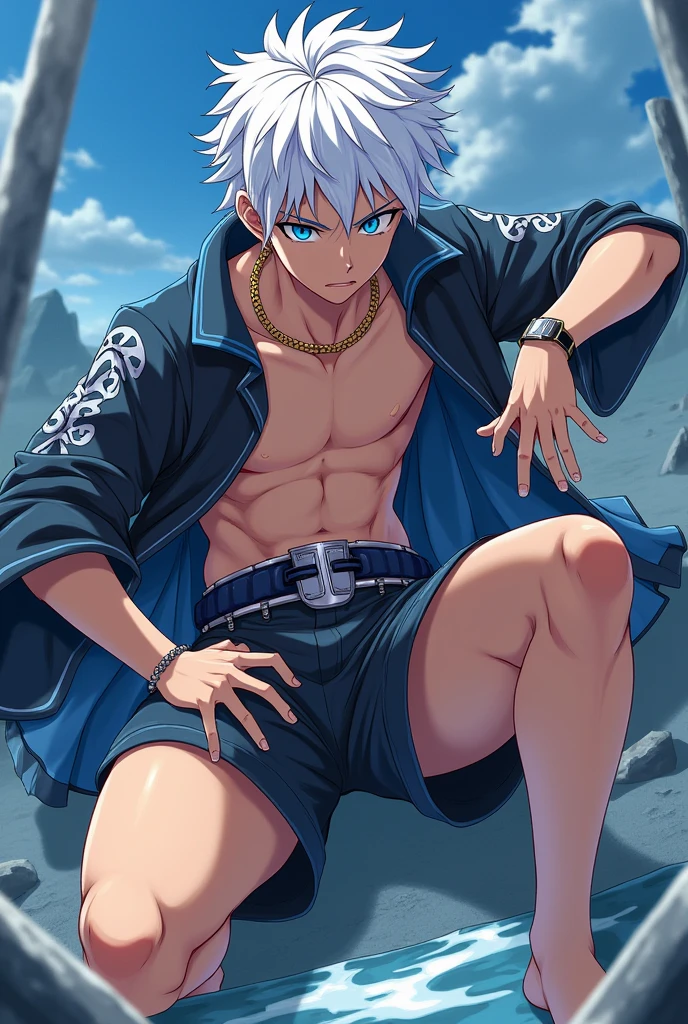 Anime guy about 15, shirtless, with blue eyes and white hair, muscular, 6 pack abs, with white shorts, on the beach  