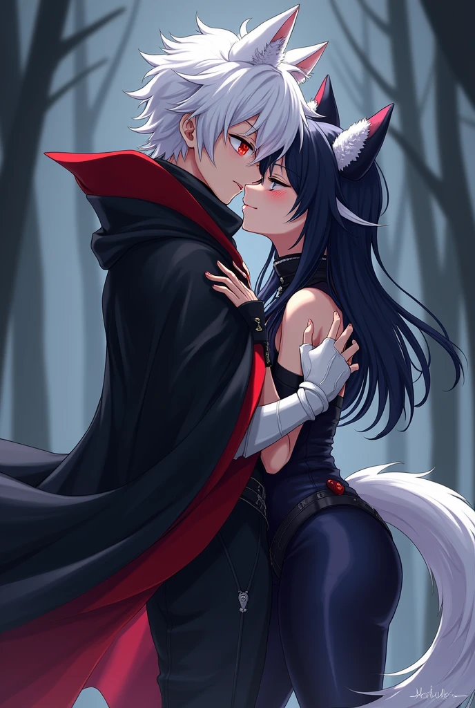 (best quality, high res, masterpiece:1.2),ultra-detailed, foxy girl, black hair with blood red highlights, detailed fox snout, distinct fox ears, vibrant orange fur, edgy punk hairstyle, gothic attire, exposed breasts, well-defined abdominal muscles, ((fox boy carrying fox girl while having hard sex with her from behind)), brilliant colors, sensual lighting,  like animals, stained glass windows with god rays, bedroom