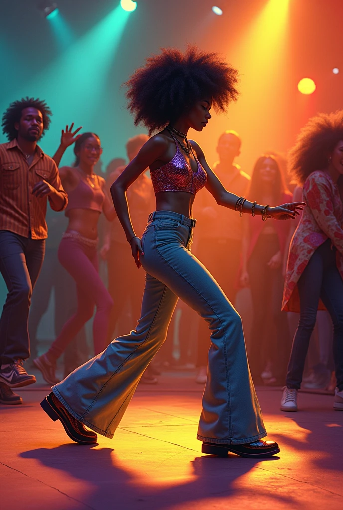 1970s party, beautiful multi-racial women with huge buttocks, dancing, afro, 1970s attire, disco floor, 35mm, depth of field, cinematic lighting, reflection light, backlighting, masterpiece, anatomically correct, textured skin