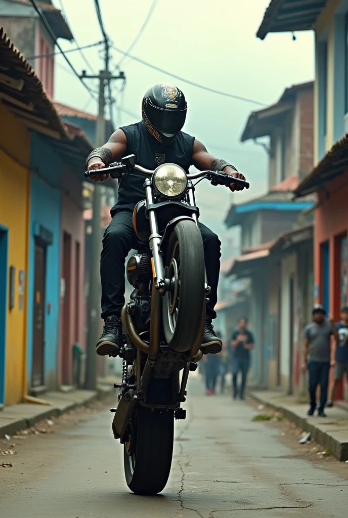 Create an image of a young man riding a motorcycle in an urban setting. He should be wearing a colorful helmet with a vibrant graphic design. The young man has a tattooed body, especially on his exposed chest, showcasing multiple tattoos. He wears a gold chain around his neck, dark shorts, and sandals. The motorcycle is a modern BMW with golden details on the wheels. The background should depict an urban area with exposed brick walls, graffiti, stacked tires, and an orange barrel, suggesting an industrial or workshop environment.