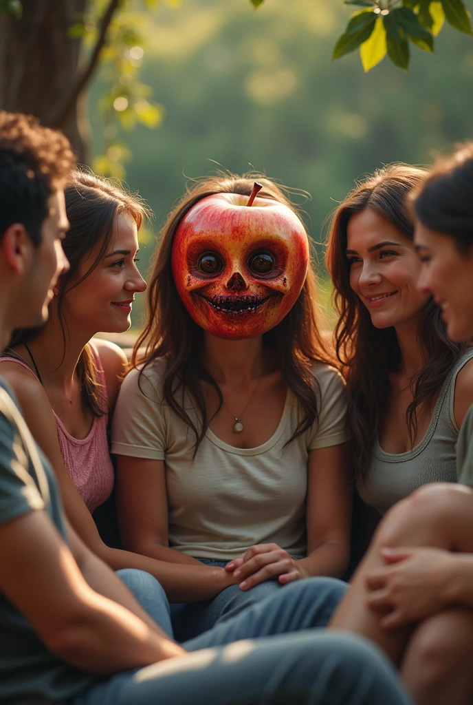 A family of four dressed in Halloween costumes, including a woman dressed as a devil, a girl dressed as a witch, a boy with blackface and a man with face paint and a pumpkin accessory all of them happy