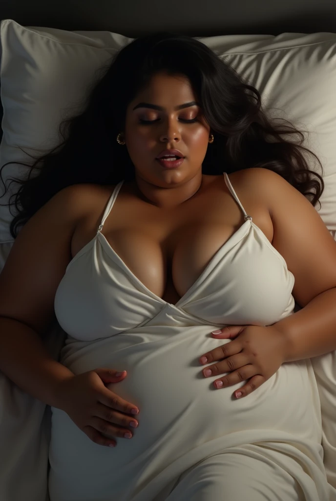 a beautiful malay woman, plump, natural big breasts, huge breasted, wear sleepwear, messy hair, lying on bed, spread her leg. in the bedroom at the morning, look at the viewer, natural light, realistic photography, wide angle shot, detailed facial features, photorealistic, high quality, 8k, masterpiece, shot from top, shot from above,