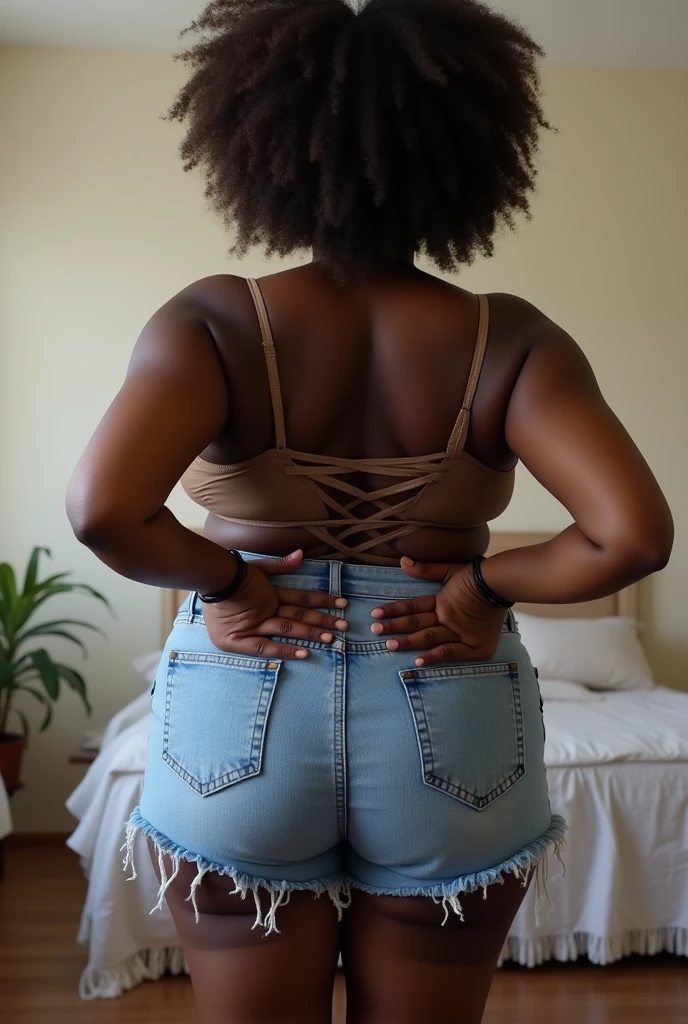 there is a woman from behind taking a photo in a sexy pose, in pajamas , thick-thighs, l wearing short shorts , 22 year old woman from Brazil, slim waist and thick hips, black teenage girl, with afro, beautiful angle, with dark skin, darkskin, young light-skinned African woman, very curly hair, rounded face, fleshy lips rather thick thighs, chubby