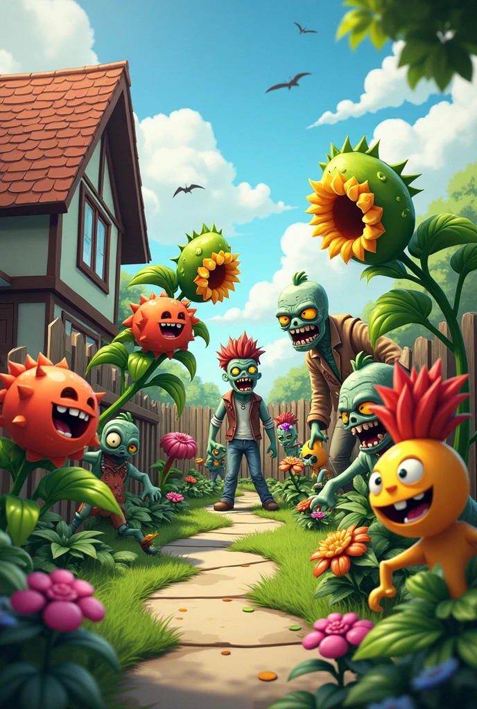 (game, "Plants vs. Zombies"), In the morning, in the garden under the sunshine, the zombies leisurely stroll around, surrounded by various strange anthropomorphic plants. The entire scene is full of mystery, full body, (Photography), panoramic view, award-winning, cinematic still, emotional, vignette, dynamic, vivid, (masterpiece, best quality, Professional, perfect composition, very aesthetic, absurdres, ultra-detailed, intricate details:1.3)