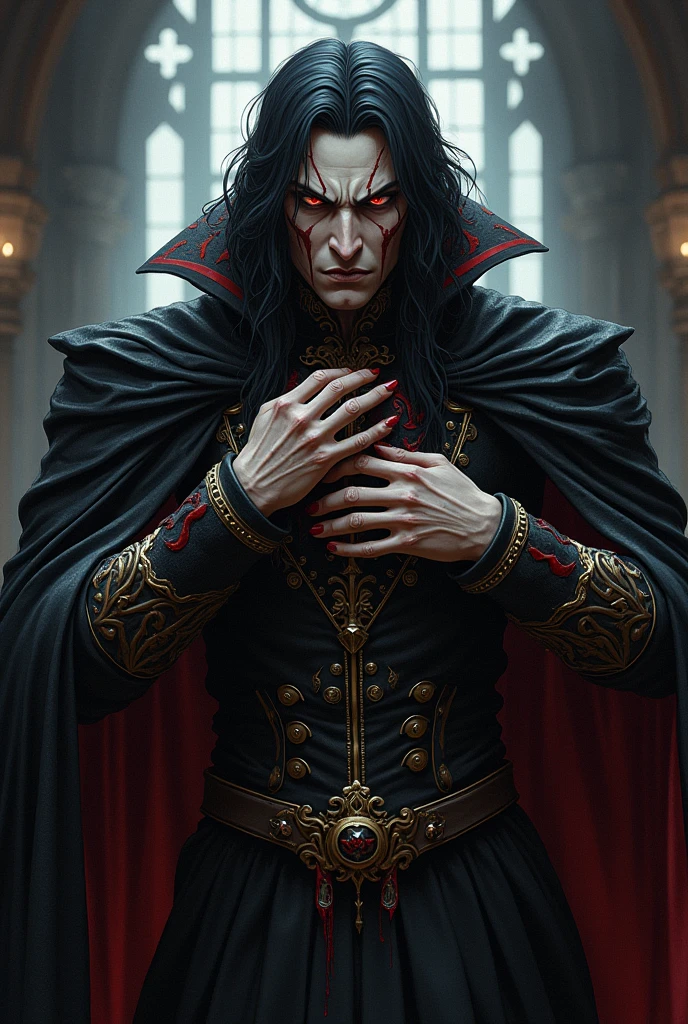 in Ayami Kojima anime style, Vlad Dracula Țepeș from the Castlevania anime, looking scary with an angry face, with blood on his hands, gothic, medieval, soft lighting, very detailed, wide shot