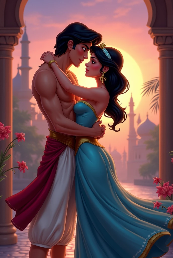 Princess Jasmine on all fours with Aladdin behind her