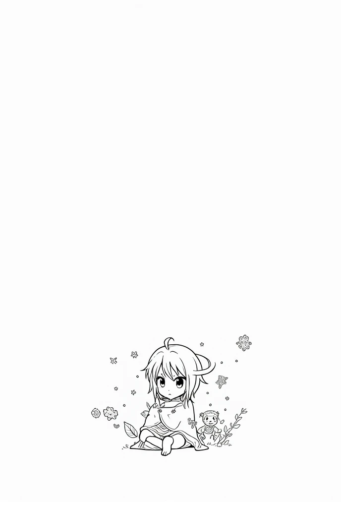 （Most of the background is solid white color.），Simple little cute cartoon girl, doodle, minimalist, black and white, playing