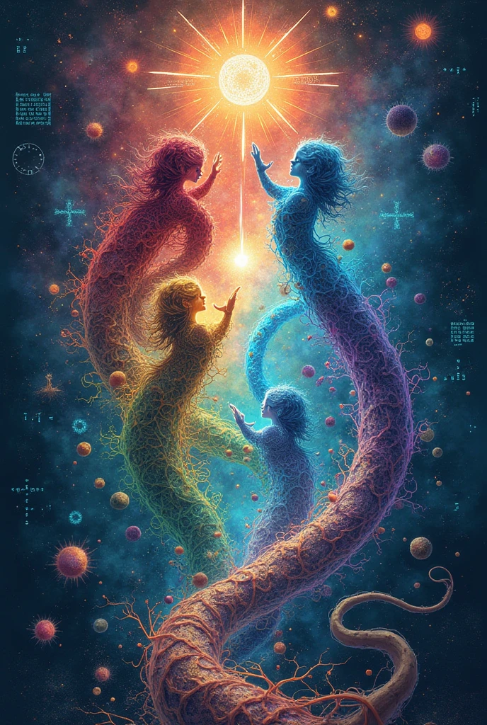 Naked man and woman floating in the air facing each other, dancing delicately, slight smile , Psychedelic art high quality artwork semi-realistic illustration, Esoteric symbols float around Multicolored energy toroid Maximum beauty