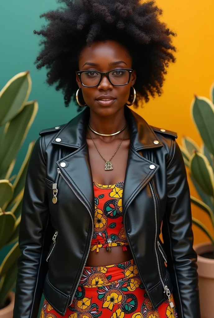 beautyful strong african woman, huge full afro purple hair, black jacket, green bra, black boots, hoop earring, green aviator glasses, purple chocker, dragon tattoo, night, purple lights, smile, full lips, sit, crossed legs, city, closeup