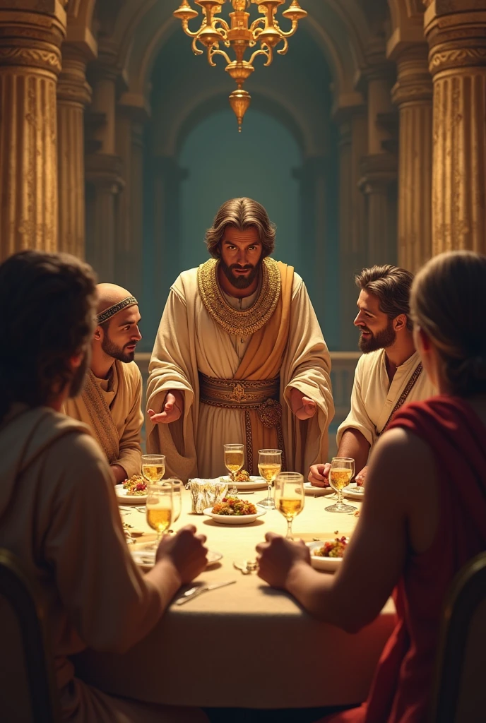 Jesus and the disciples at dinner, biblical illustration, epic biblical representation, super realistic image, cinematic lighting, beautiful representation, realistic, 4k, hdr