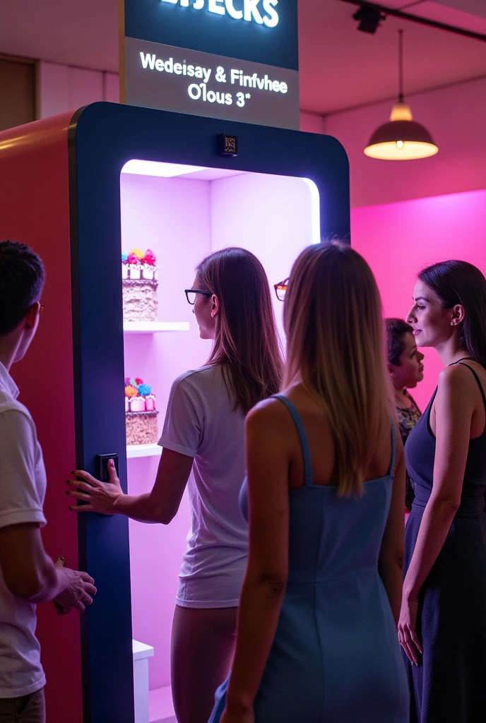 A woman with colossal breasts and a blue bikini exits a large pink technological futuristic booth at the mall. It has a sign that says “gender transformation booth”. She has a euphoric smile look on her face. There are various different men lined up to go into the booth. They can’t believe how good she looks.