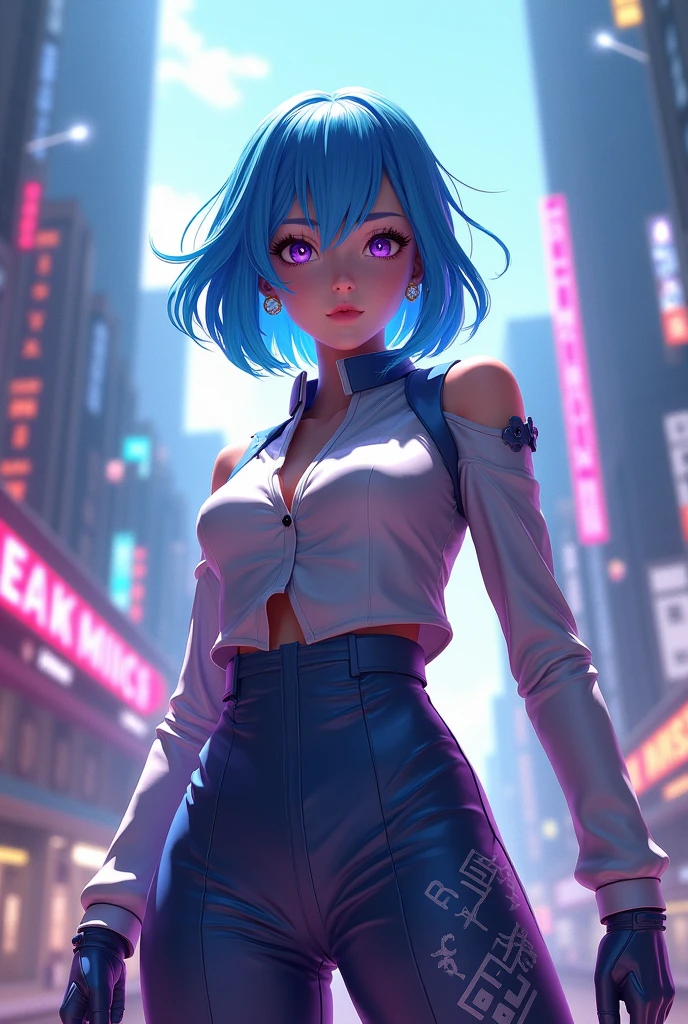 centered, award winning medium shot portrait, (game cg, 3d, unreal engine), (beautiful detailed eyes), (gorgeous woman face), | solo, 1girl, short hair, aqua hair color, dark blue eyes color, | casual outfit, (small breasts:1.2), | sunset, city, tokyo, buildings, city lights, | depth of field, bokeh, | smooth detailed shadows, hyperealistic shadows, (saturated colors:1.2) |