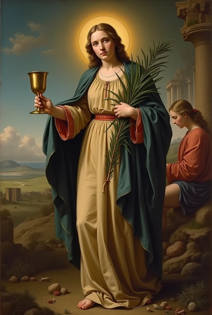 a woman wears old roman clothes and covers her head, beautiful face , hold the evil with her left hand and hold a cross with her right hand , ultra realistic , high resolution, stunning, realistic image