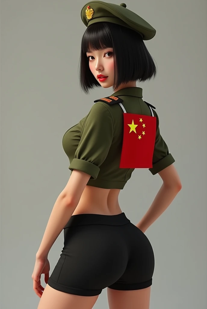Usually detailed CG Unity 8K wallpaper，（tmasterpiece），（best qualtiy），（ultra - detailed），（Ultra photo realsisim），（best character detail：1.36），Nikon D750 f / 1.4 55mm，profesional lighting， physically-based renderingt, 1girll, Female soldier，army suit，Dark green military uniform，Fabric texture military uniform，Pure white lining，Dark green tie，bucket-hat，Black hair，the golden ratio,[:(com rosto detalhado:1.2):0.2]:，PureErosFace_V1, broad shoulder,(Bigchest:1.5),(big assa:1.5),(stick out buttocks:1.5),squatt，Look back，red flags，In the square，Splendid scenery，bright sun，RAW photogr，photore，hand on own hip， Flag of China，Night Street，lighting，Contre-Jour，Bright smile，White teeth，