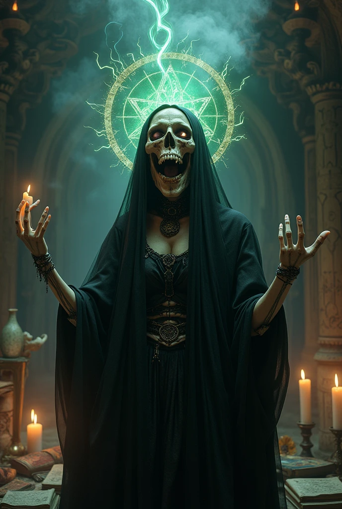 Terrifying Witch Emerging From Pentagram In Satanic Ritual.