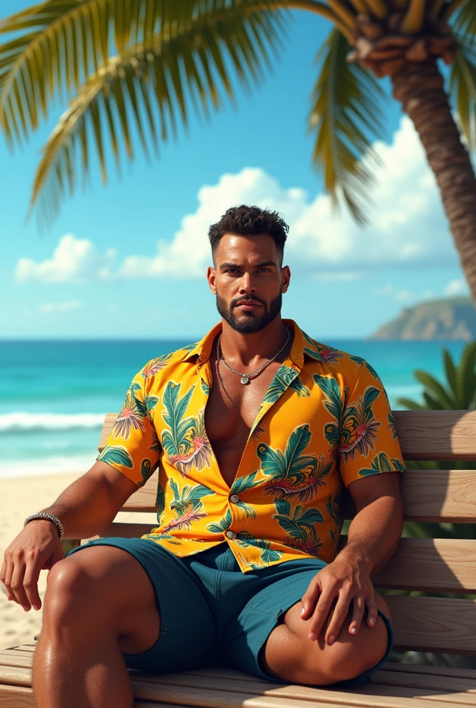 there is a man standing on the beach next to a palm tree, wearing black and gold sunglasses, wearing white swim shorts, chest and stomach visible, black hair,some hair on chest and stomach, love handles, palm trees in the background, with palm trees in the back, vacation photo, posing on a beach with the ocean, at a tropical beach, standing near the beach, shot on Samsung galaxy, standing at the beach, photorealistic