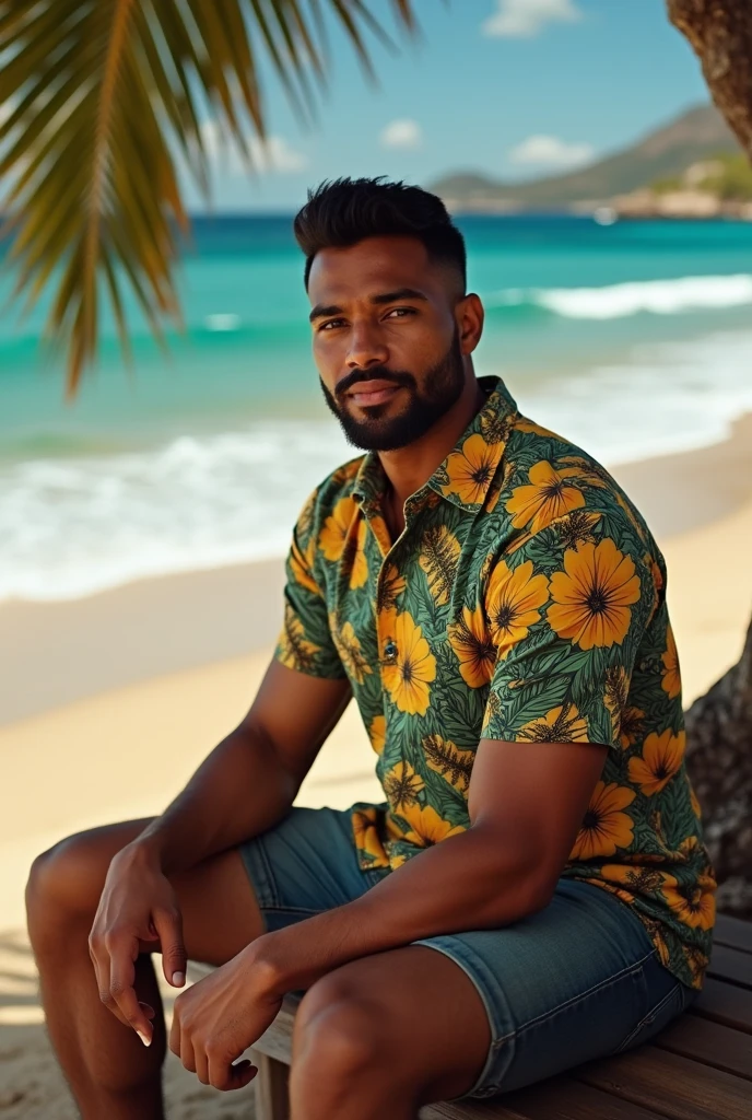 (best quality,4k,8k,highres,masterpiece:1.2),ultra-detailed,(realistic,photorealistic,photo-realistic:1.37),extremely detailed face and body, muscular shirtless man with tanned skin, handsome, chiseled jawline, piercing eyes, thick eyebrows, 5 o'clock shadow, short wavy dark hair, Hawaiian shirt, holding tropical cocktail, at lively Hawaiian themed party, colorful decorations, palm trees, beach in background, warm lighting, vibrant colors