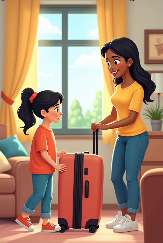 There is a woman and a girl next to a suitcase, modelagem para doces e gabanna. mulher de 30 anos, Pequeno . Mulher com pele branca bronzeada e cabelos escuros. Ela tem cerca de 38 anos. slightly plump lips, olhos castanhos escuros. Corpo fino. cintura fina. corpo perfeito, Your face is the definition of beauty. Altamente realista, Lindo, batom cor de rosa, sorriso, hiperrealismo, pele muito elaborada. foto de corpo inteiro, Limpar foto, alta qualidade, high resolution, obra de arte, 8k.