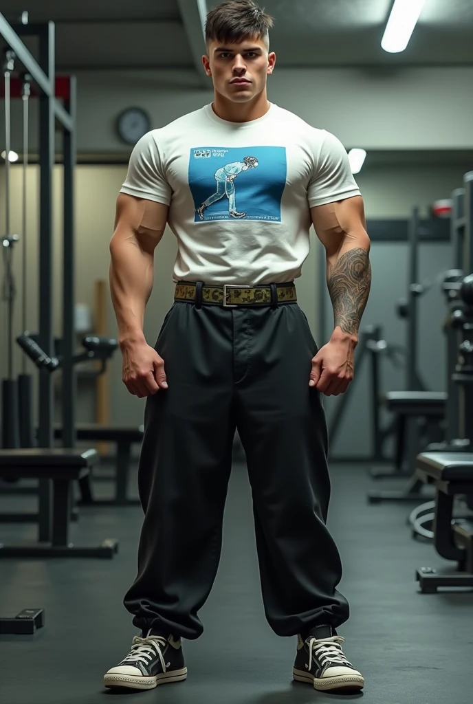 Man in off-white clothes, American round inch head, Buzz cut, national character face, tall and burly, muscular male hero, heroic male pose, muscular! Wearing skins brand bodysuit tights, black hair, super gain and cool, high resolution committee, character design cycling enthusiast, sneakers, attractive strong man, jeans