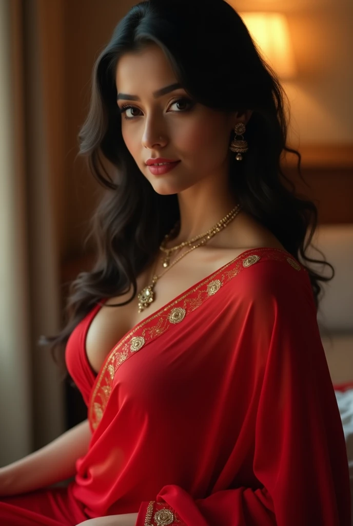 indian woman wearing red bikini blouse backless saree flaunting her curves to tease and squeezing her breasts