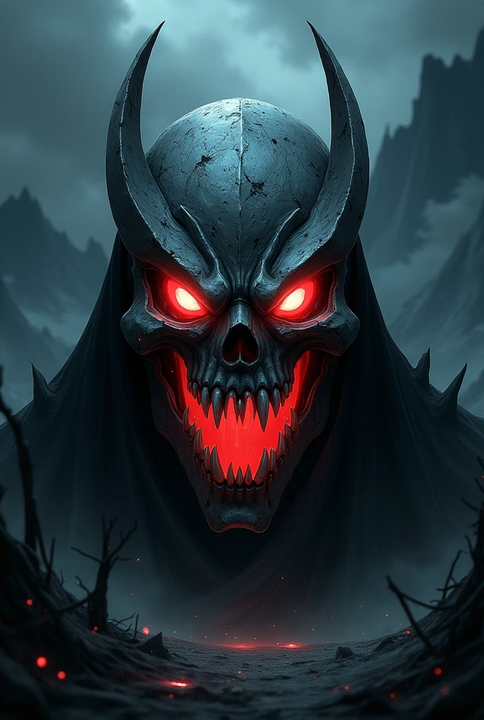 a closeup of a person anime manga, killzone, horrible digital art, FPS game, metal skull with red eyes, the reaper as a scary skull, hooded, fps shooting game, dark but detailed digital art, sinister and elegant, evil death, highly detailed horror, scary look