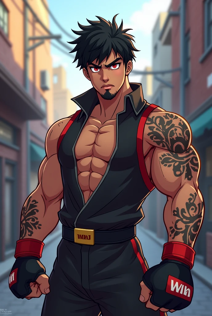 dois personagens, ambos de frente um para o outro, in fighting stances Dojo Background, com jogo Persona 5 Artsyle, First character a muscular young man with cyan blue hair with low cut hair and a tank top and cargo pants has a short trimmed beard with no tattoos badass has a relaxed expression, The second character is a young man with a small beard wearing a karate uniform, he is very large and muscular, he has long black hair, he has a serious expression, a hairless body