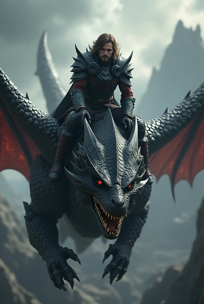 Create a detailed image of Aegon Targaryen on the battlefield on his dragon in the sky 
