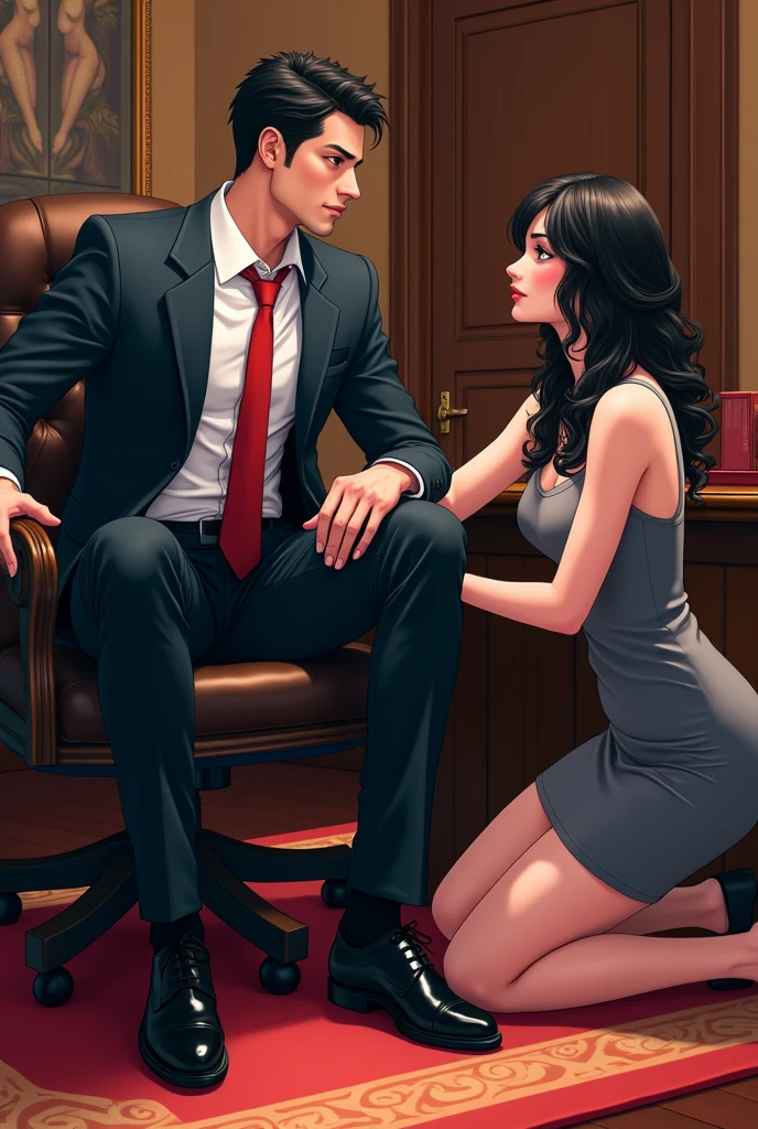 An real girl is on a chair wearing a short dress. She has a black book  while a man sitting on floor between the legs of the girl and his face is toward girl legs and he is touching pubis of girl lustfully