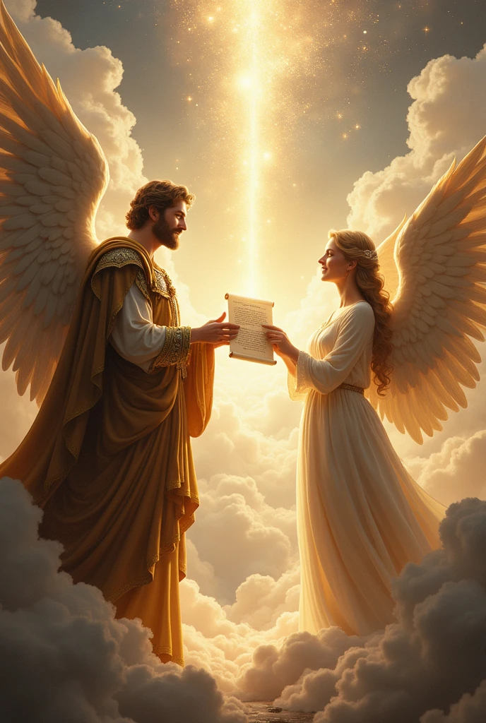 Generate the image of the archangel Gabriel in a majestic tone showing him giving a message through a peegamina to a blonde woman covered in a purple and light blue cloak while being located in a simple house

