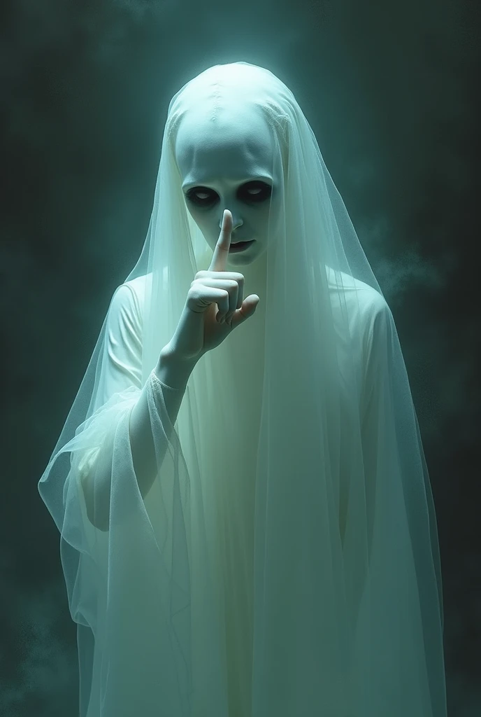 A female ghost with a split lip stands in the dark, doing shush!