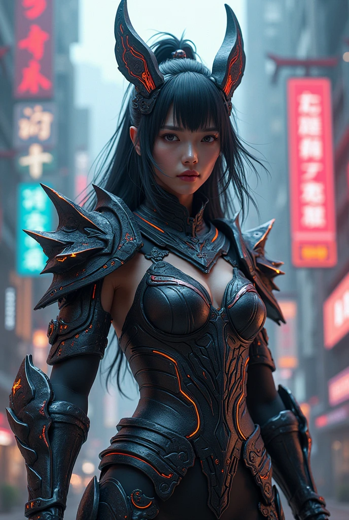 Create an image in the style of dark art and metal, featuring three powerful female figures in an intense stage performance. They are dressed in futuristic battle outfits, combining black armor with red and silver details. The background is shrouded in a chaotic atmosphere, with flames and dancing shadows. The lighting is dramatic, with beams of red and purple light cutting through the darkness, creating a sense of extreme energy. The scene should convey power, intensity, and the unique essence of the song "BabyMetal Death" by BabyMetal.