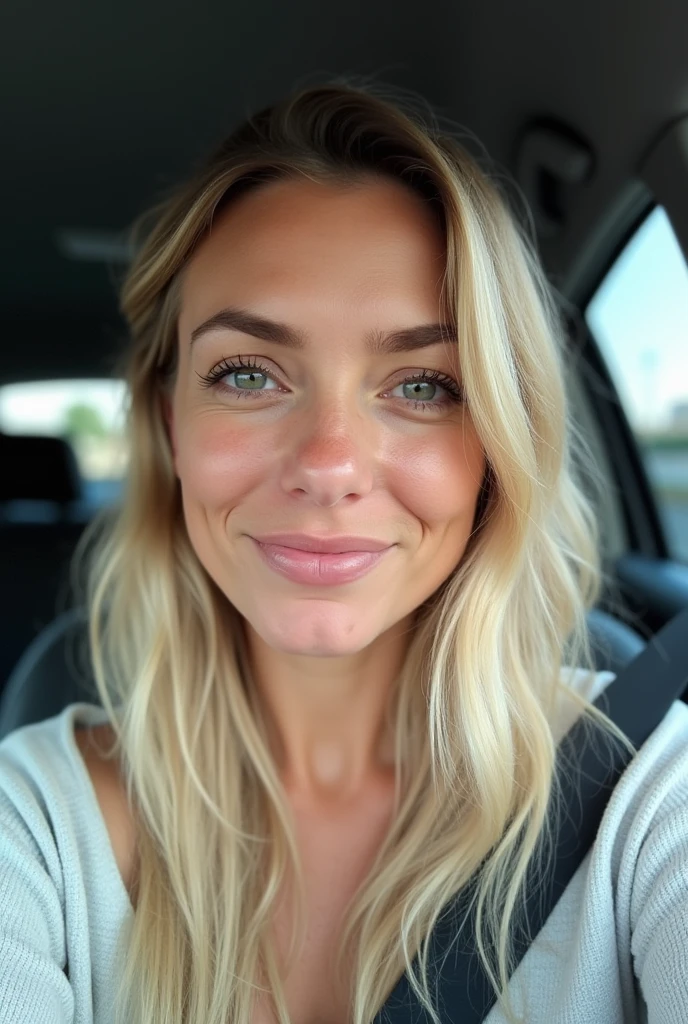 slim feminine figure, redhead, freckles, best quality, realistic skin texture, photography, detailed facial features, film grain texture and high contrast, extremely high-resolution details, photographic, photorealistic, hyper-realistic, HDR, masterpiece, ((short hair)), blue eyes, ((very thin waist)), sitting in her car, taking a selfie, smiling, cleavage