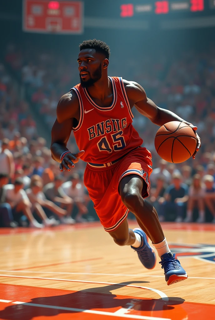 Une porte un maillot bulls chicago anomme "Mioty" au dos numero 11 ,elle drible sur un terrain de basket avec beaucoup des personnes