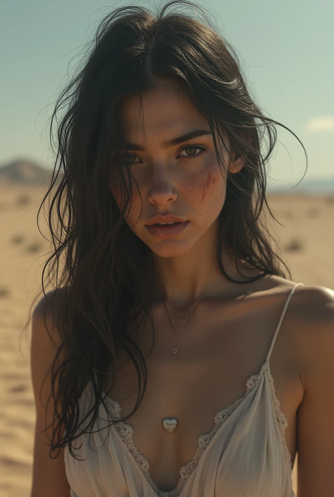 A woman, black hair, sad face, confused face, crying, full body, in a desert, realistic (real), Photorealistic