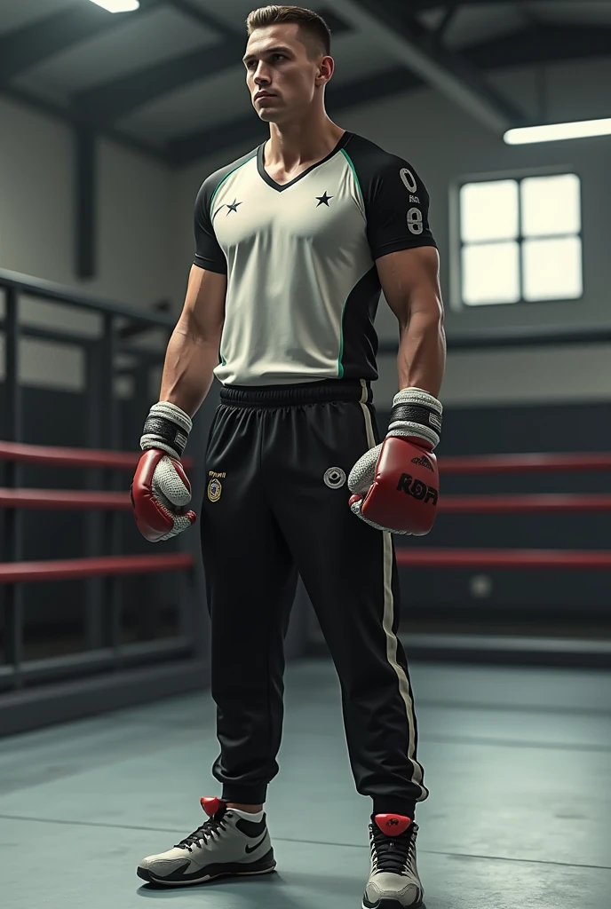 A boxing kit inthe boxing ring and the water bottle inaslo added in this and the black and brown background and the kit is official red in color