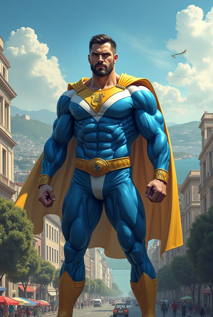 (muscular cute beautiful young boy), huge strong biceps volume, huge firm breasts volume, enormous tits volume, muscular strong legs, exposed abs skin, city destruction fire background, tight superhero leather blue underwear and cape, wavy hair, huge cock bulge