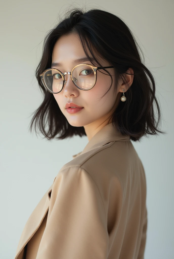 (best quality:2, 8k:2,absurdres:2, masterpiece:2, atmospheric:2, extremely detailed, detailed textures, detailed cloth texture, perspective), 1girl, woman, mature woman, adult woman, 20 years old woman, light brow hair, light green eyes, green eyes, curly hair, fringe, glasses, round glasses, black top, sci-fi adress, sci-fi clothes, sci-fi, looking at the viewer, neutral expression