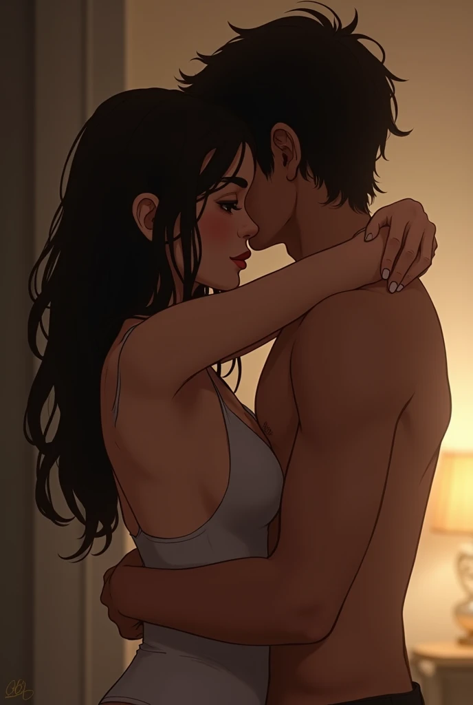 A cute russian girl wear pink bra and bink transparent panties in the pose of deep impact sex pose with a handsome indian boy anime