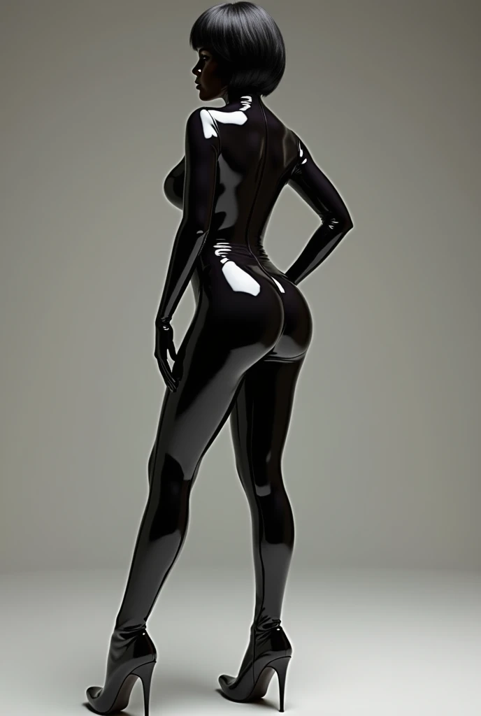 1 woman, black latex suit, gas mask, faceless, elbow long gloves, over-the-knee latex socks, high heels, full body, anatomically correct, UHD, masterpiece, super detail, best quality, anatomically correct, gray background, depth of field, from below