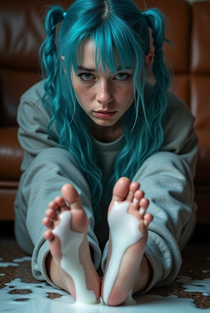 Cute emo boy, of 18 years, very white skin, blue hair, lying in bed, barefoot, showing the soles of her feet, perfect feet, correct toes, aesthetic feet, provocative look, wearing black pajamas