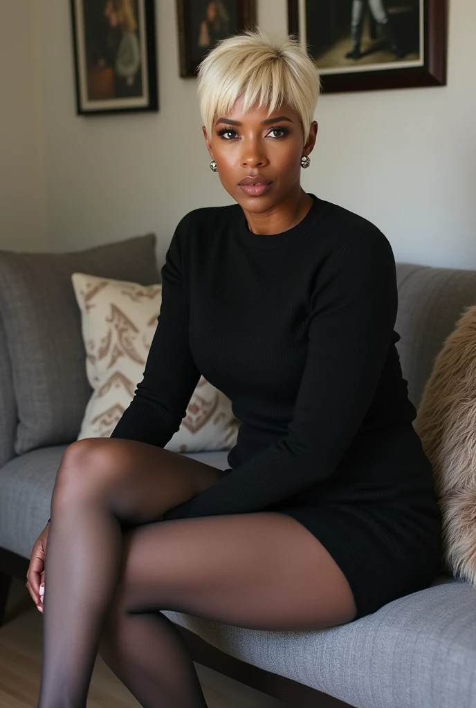 black American model girl, staight and white hair, makeups, eye lashes, glowing lipsticks, smiling, modeling poses, black color tight frock