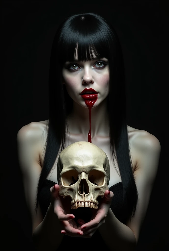 gothic lady with blood on her face in the middle of demons and little mice. imagen realista como caravaggio.