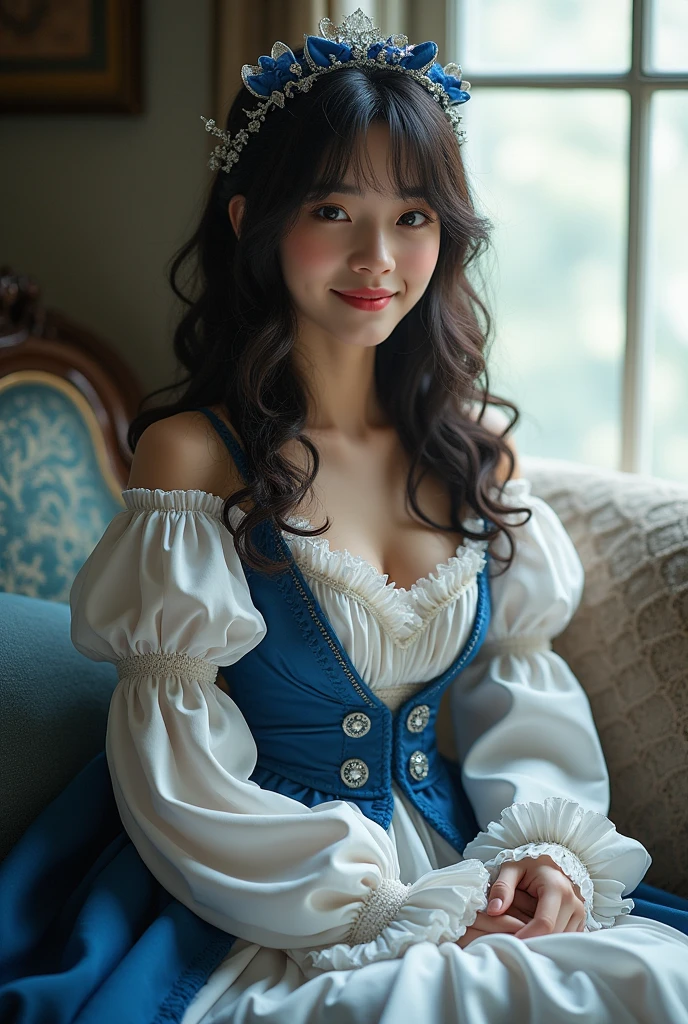 ulzzang-6500-v1.1,(masterpiece, highest quality:1.3), (Ultra-detailed 8K:1.2), (hyperrealistic:1.35),(Raw photo:1.2),highest quality, High resolution, wallpaper, realistic, (dramatic, Realistic painting art by Midjourney:1.3) BREAK 
1girl, 18yo,(german maid:1.5),(frilled_maid_dress:1.5),(gater belt),(black pantyhose),(off-shoulder:1.5),(thighs:1.5) (super beautiful girl:1.5), beautiful skin, beautiful and detailed eyes, detailed face, Perfect style,smile,looking at camera,Take photos from up close to her,big breasts,very detailed face、White and clean teeth,dark brown eyes,chest strengthening,emphasize body line,smile at me lovingly、beautiful lips,glossy lips,white teeth, BREAK Gothic style Western-style dining room,Detailed background,perfect lighting、Natural light,natural soft light